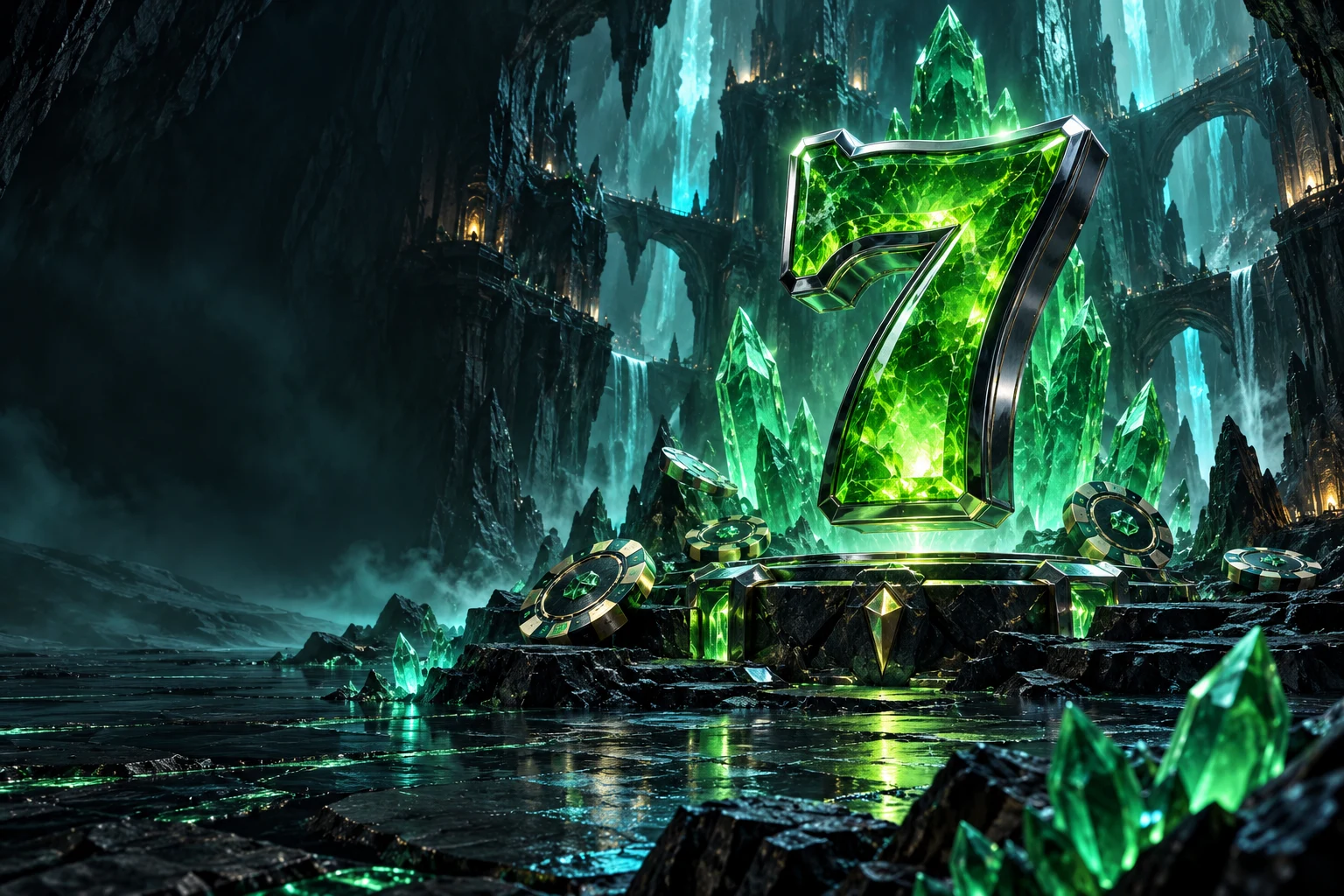 A monumental emerald seven floats above a dark plinth in a luminous 3D crystal cavern